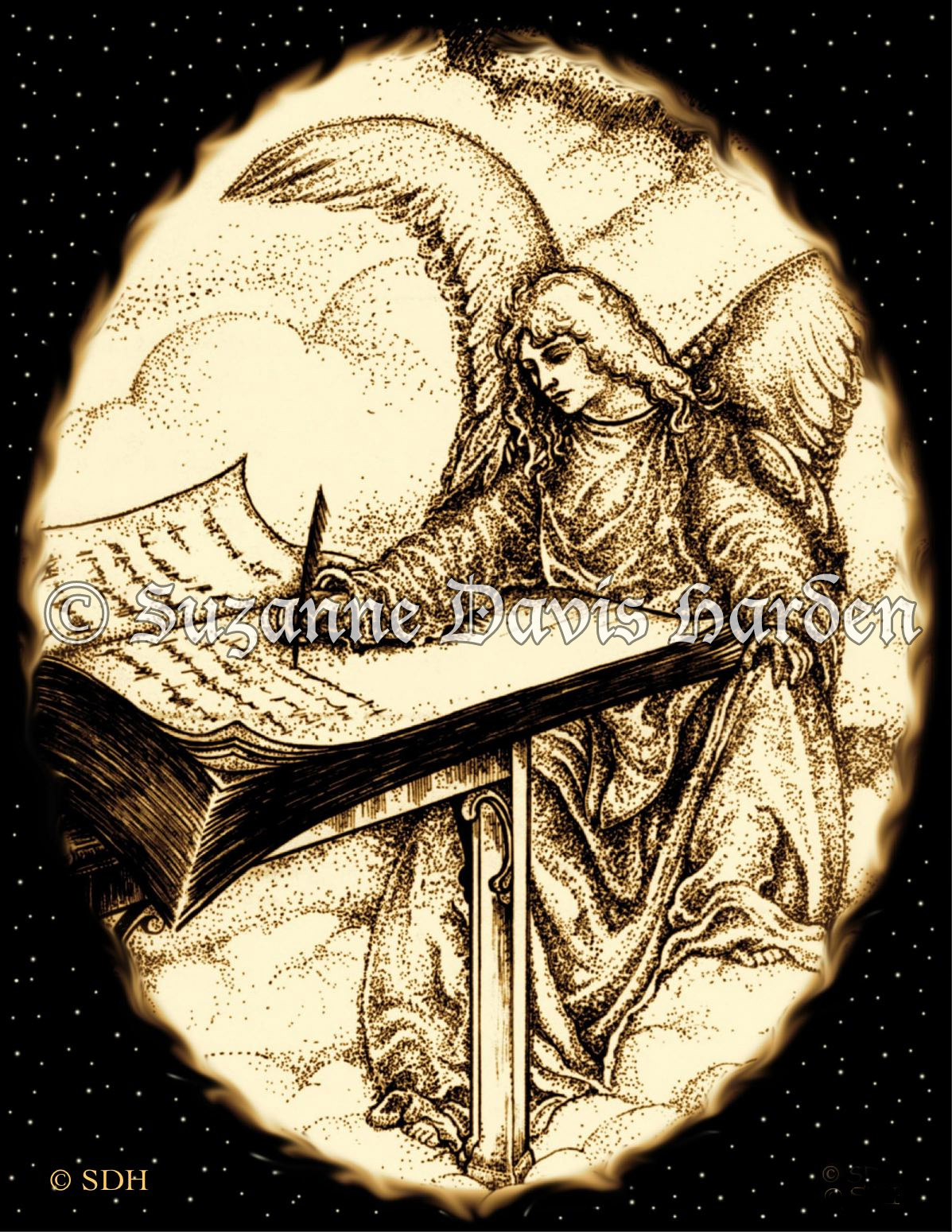 Angel Writing In The Book Of Life Pen & Ink Illustration © S.D. Harden All Rights Reserved.